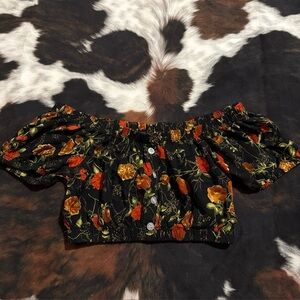 Floral Off-Shoulder Top - Black and Orange